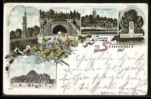 Lithographie Stuttgart, Hasenberg, Degerlocher Aussichtsturm, Haufdenkmal