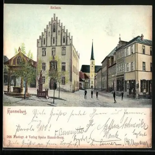 AK Hammelburg, Rathaus und Kirche mit Denkmal
