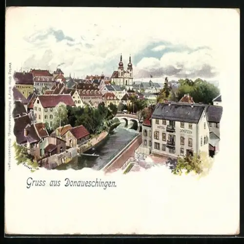 Lithographie Donaueschingen, Ortsansicht mit Fluss, Hotel Schützen