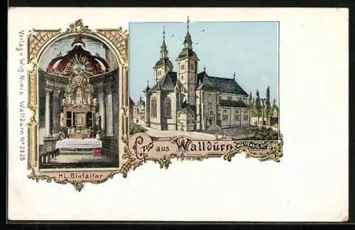 Goldfenster-AK Walldürn, Wallfahrts-Kirche mit leuchtenden Fenstern, Heiliger Blutaltar