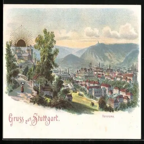 Lithographie Stuttgart, Panorama mit aufgehender Sonne