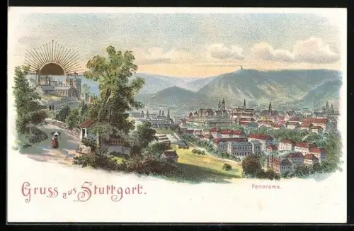 Lithographie Stuttgart, Panorama mit aufgehender Sonne