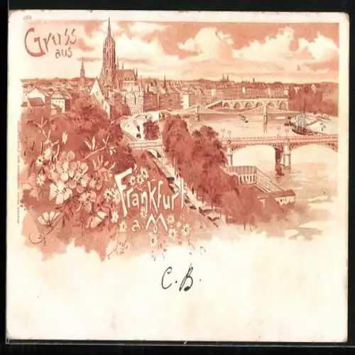 Lithographie Frankfurt /Main, Mainbrücken mit Ortsansicht