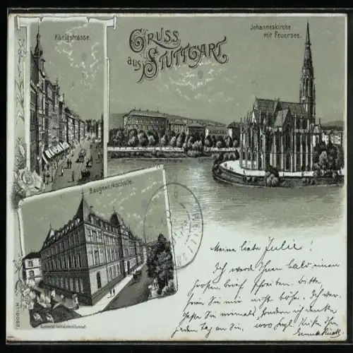 Mondschein-Lithographie Stuttgart, Johanneskirche mit Feuersee, Baugewerkschule, Königstrasse mit Strassenbahn