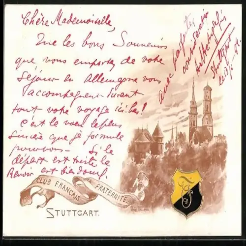 Lithographie Stuttgart, Club Francais Fraternite, Burg mit Kirche, Wappen