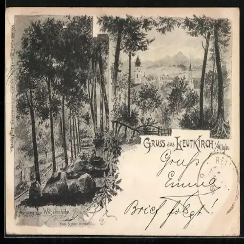 Lithographie Leutkirch i. Allgäu, Ortspartie mit Kirche, Aufgang zur Wilhelmshöhe