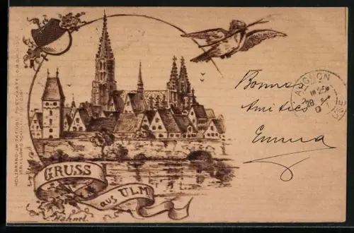 Holzbrand-Imitations-AK Ulm / Donau, Kirche, Ulmer Spatz und Wappen