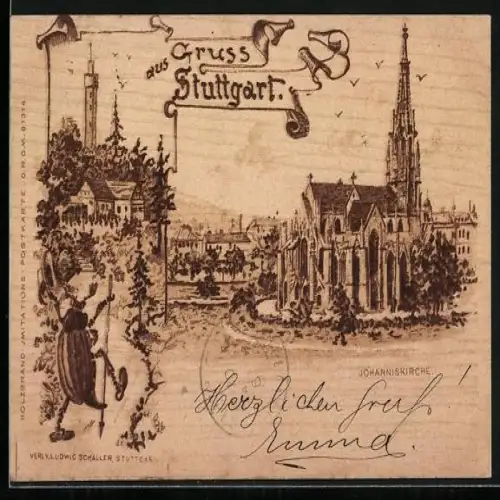 Holzbrand-Imitations-AK Stuttgart, Johanniskirche, wandernder Maikäfer