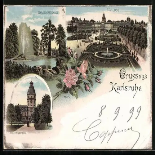 Lithographie Karlsruhe, Schlossthurm, Schlossgartensee und Schloss