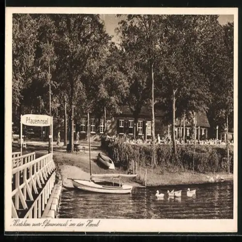 AK Berlin-Wannsee, der Seesteg am Wirtshaus zur Pfaueninsel an der Havel