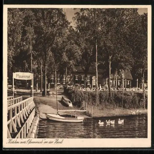 AK Berlin-Wannsee, der Seesteg am Wirtshaus zur Pfaueninsel an der Havel