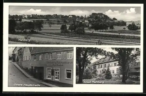 AK Mahlberg / Lahr, Untere Hauptstrasse mit Bäckerei Friedrich und Schloss