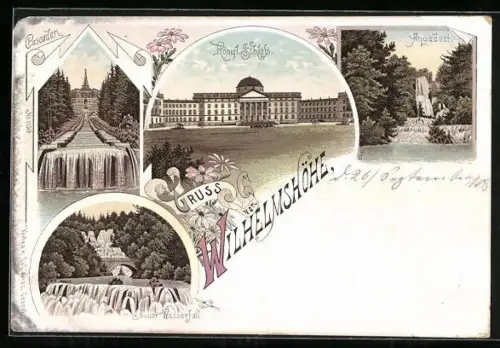 Lithographie Kassel-Wilhelmshöhe, Königliche Schloss, Neuer Wasserfall und Cascaden