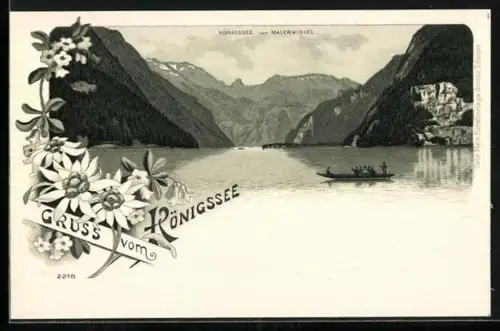 Lithographie Königssee / Berchtesgaden, Königssee vom Malerwinkel, mit Boot