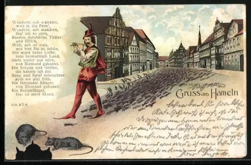 Lithographie Hameln, Der Rattenfänger von Hameln, von Ratten angeknabberte Ecke