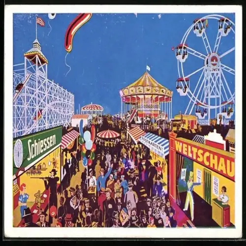 Künstler-AK Fürth / Bayern, Fürther Kirchweih mit Schiessstand und Riesenrad 1964, Volksfest