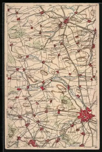AK Gotha, Landkarte von Gotha und allen Orten der Umgebung