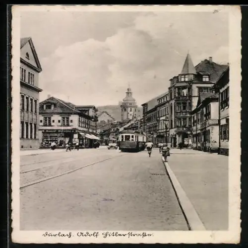 AK Durlach, strasse mit Strassenbahn