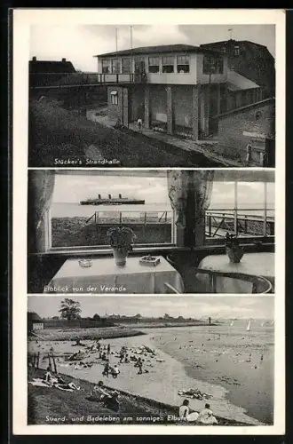 AK Brokdorf a. d. Elbe, Gasthaus Strandhalle, Innenansicht, Strand- und Badeleben am Elbufer