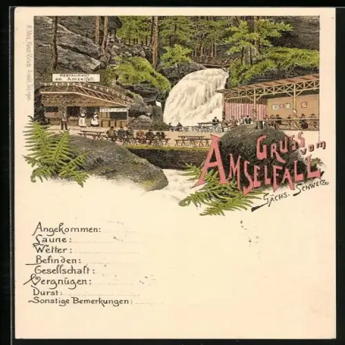 Lithographie Rathen /Sächs. Schweiz, Restaurant am Amselfall