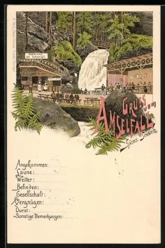 Lithographie Rathen /Sächs. Schweiz, Restaurant am Amselfall