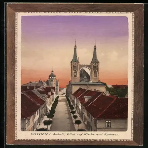AK Cöthen i. Anhalt, Strassenpartie mit Kirche und Rathaus, Passepartout