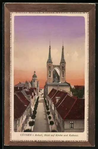 AK Cöthen i. Anhalt, Strassenpartie mit Kirche und Rathaus, Passepartout