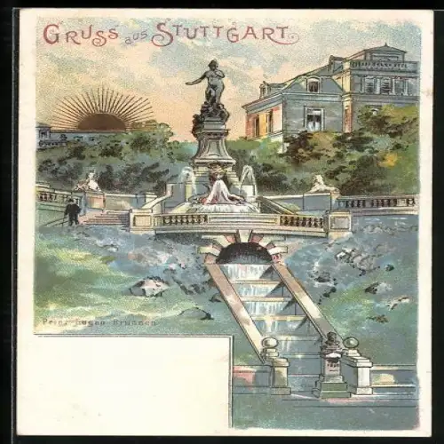 Lithographie Stuttgart, Prinz Eugen-Brunnen