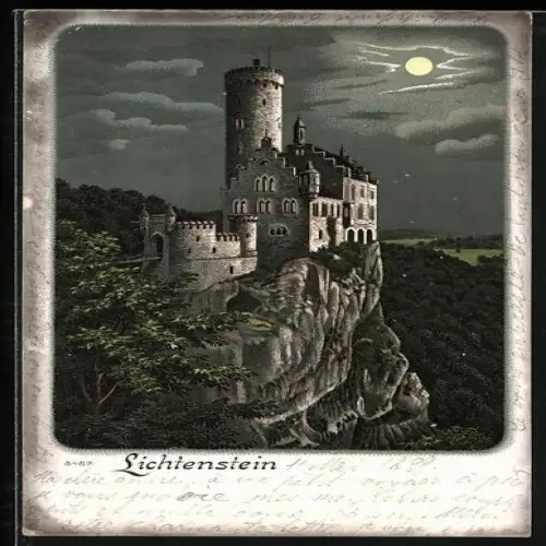 Lithographie Lichtenstein / Echaztal, Burg Lichtenstein bei Mondschein