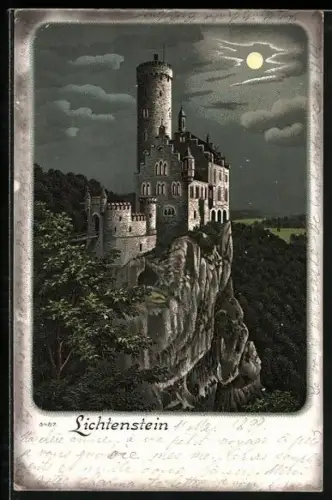 Lithographie Lichtenstein / Echaztal, Burg Lichtenstein bei Mondschein