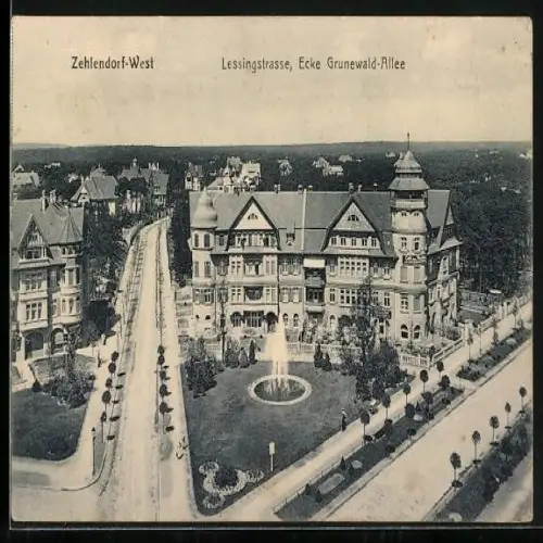 AK Berlin-Zehlendorf, Lessingstrasse Ecke Grunewald-Allee mit Springbrunnen aus der Vogelschau