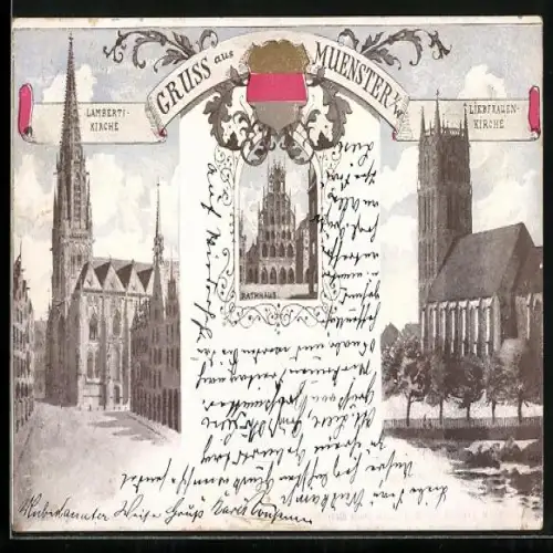 AK Münster / Westfalen, Lamberti-Kirche, Liebfrauen-Kirche, Rathaus