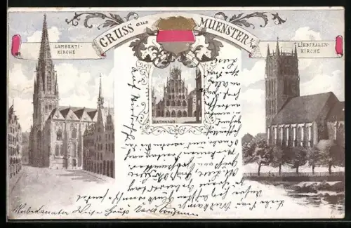AK Münster / Westfalen, Lamberti-Kirche, Liebfrauen-Kirche, Rathaus