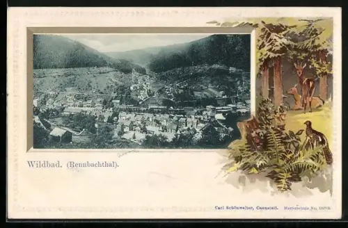 Passepartout-Lithographie Wildbad / Schwarzwald, Rehbock und Reh mit Rebhuhn