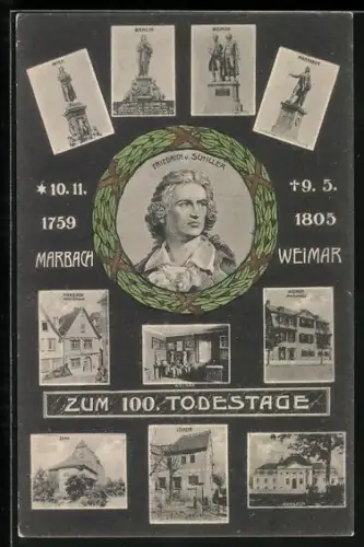 AK Marbach, Zum 100. Todestage von Friedrich v. Schiller, Porträt, Geburtshaus, Sterbehaus in Weimar