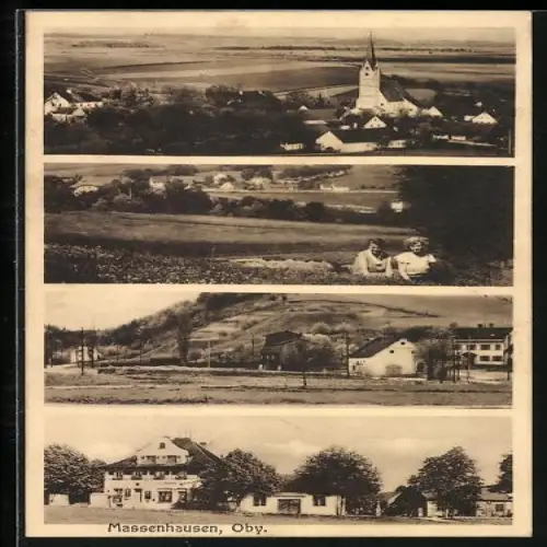 AK Massenhausen / Obb., Geschäft von Hans Lemner, Kirche, Ortspartie