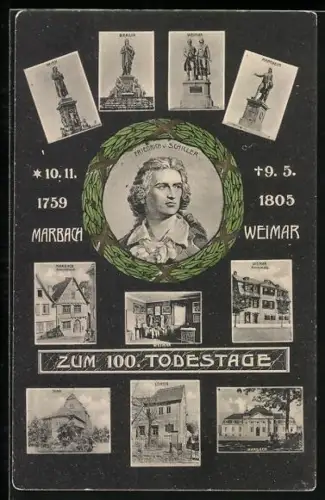 AK Marbach, Zum 100. Todestage von Friedrich v. Schiller, Porträt, Geburtshaus, Sterbehaus in Weimar