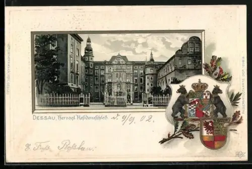 Passepartout-Lithographie Dessau, Herzogl. Residenzschloss, Wappen