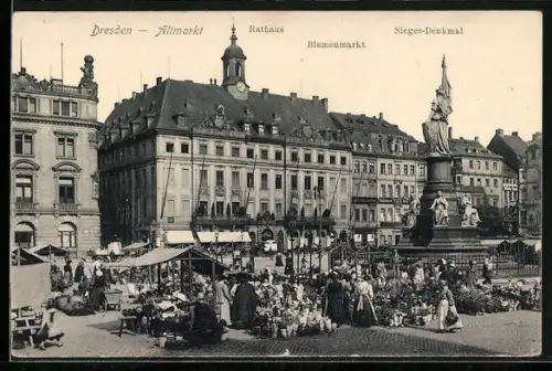 AK Dresden, Altmarkt mit Rathaus und Blumenmarkt