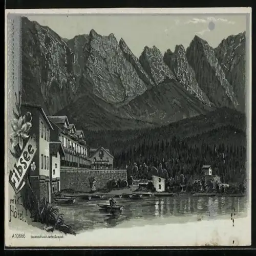 Mondschein-Lithographie Eibsee, Uferpartie mit Hotel