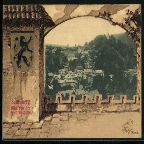 Passepartout-AK Sonneberg / Thüringen, Blick von der Friedrichshöhe, Wappen