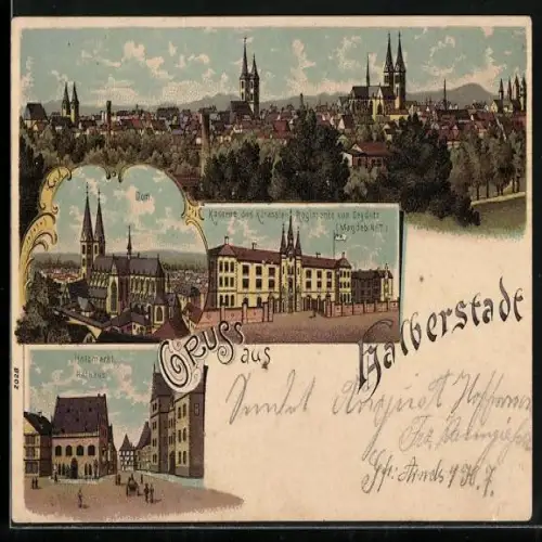Lithographie Halberstadt, Dom, Kaserne des Kürassier-Regiments von Seydlitz