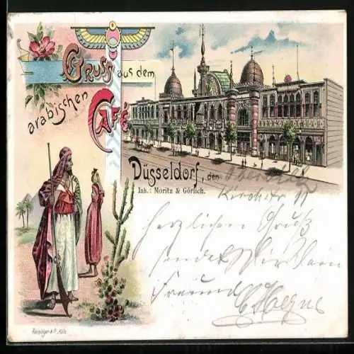 Lithographie Düsseldorf, Arabisches Cafe - Gebäude mit Strasse, Arabische Szene
