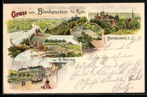 Lithographie Blankenstein a. d. Ruhr, Ortsansicht, Hotel u. Restaurant v. H. Petring, Blick ins Flusstal, Königs-Platz