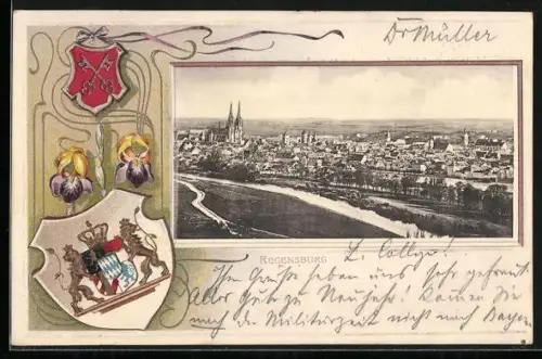 Passepartout-Lithographie Regensburg, Teilansicht mit Kirche, Wappen