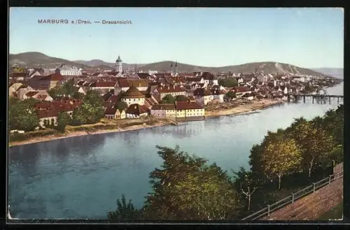 AK Marburg a. Drau, Drauansicht mit Brücke