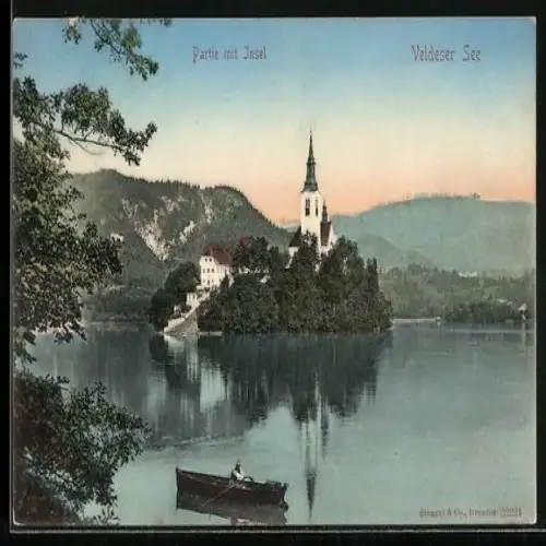 AK Veldes, Veldeser See, Partie mit Insel u. Ruderboot