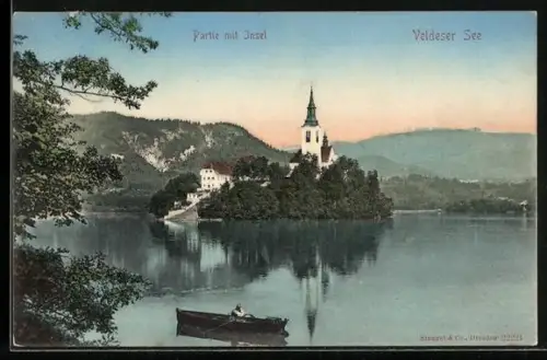 AK Veldes, Veldeser See, Partie mit Insel u. Ruderboot