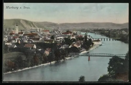 AK Marburg a. Drau, Ortsansicht mit Draubrücken aus der Vogelschau