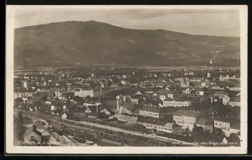 AK Marburg a. Drau, Teilansicht mit Bahngelände aus der Vogelschau